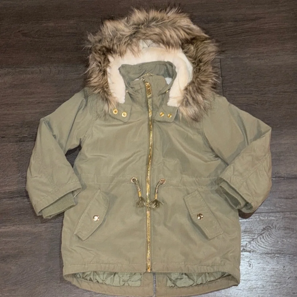 H&M Toddler Hooded Padded Parka w/Faux Fur Trim Size 3-4 Olive Green/Cream NWOT